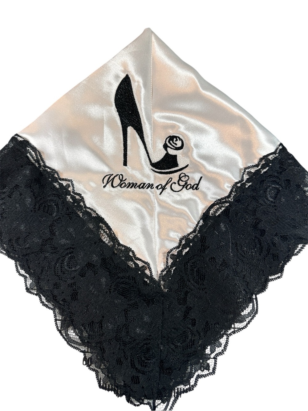 White Satin Embroidered Still Standing Church Handkerchief with White Lace Trim